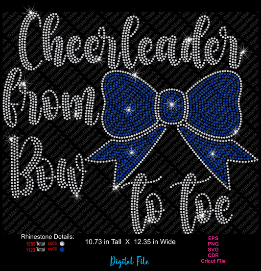 Digital rhinestone design file featuring the phrase 'Cheerleader from bow to toe' in white rhinestones with a large blue bow made of blue and white rhinestones on a black background. File details and format labels are shown at the bottom.