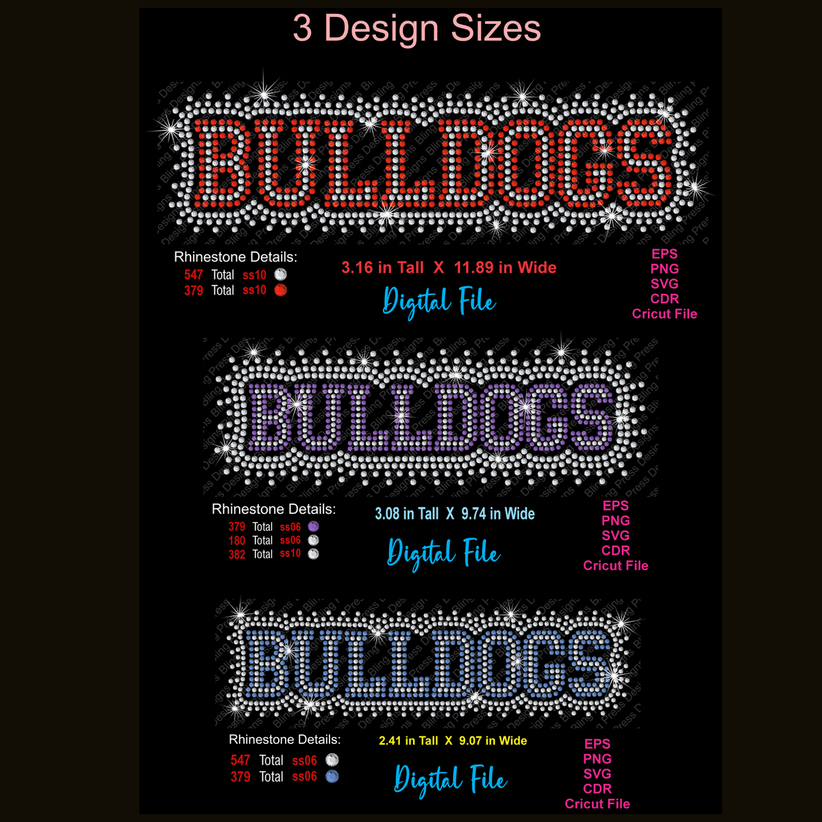 A digital preview showing three rhinestone-style 'BULLDOGS' text designs in different sizes on a black background, with file format details and rhinestone counts printed beside each design.