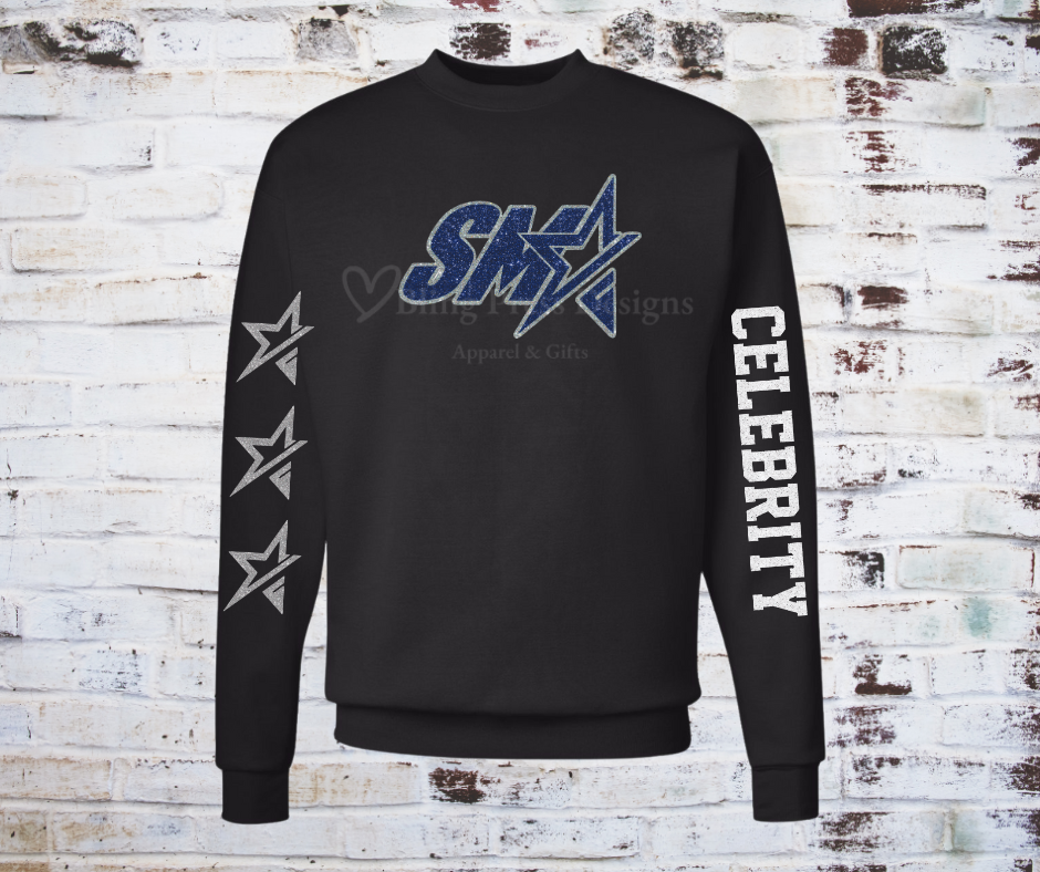 A **Glitter SMA Logo Celebrity Team Sweatshirt**, featuring a bold **SMA** logo in glitter vinyl on soft, comfortable fabric. A cozy and stylish way to showcase school spirit with a sparkling touch.