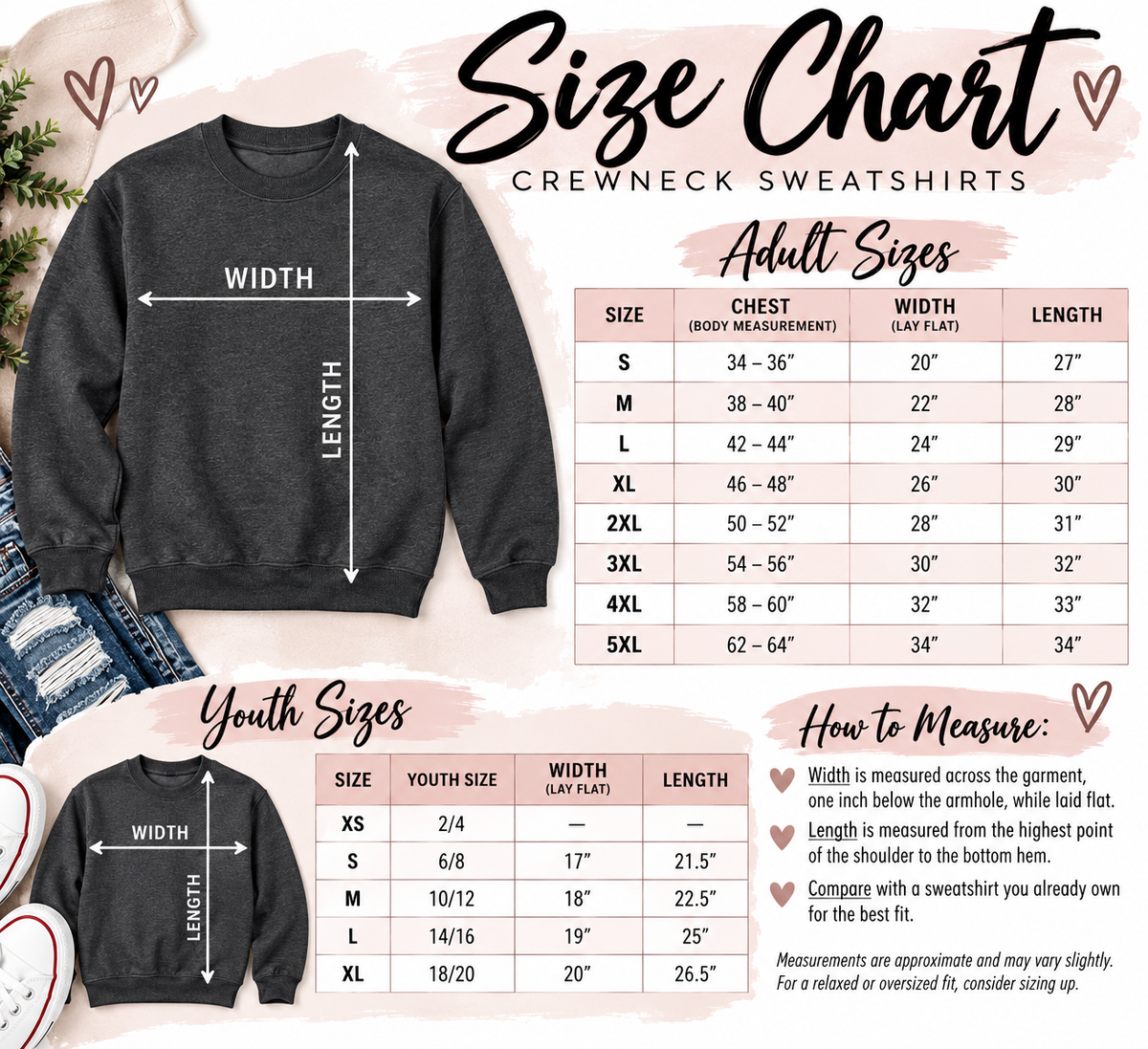 A size chart graphic for crewneck sweatshirts showing front and back garment measurements with labeled arrows, plus adult and youth size tables and a how-to-measure section. A dark heather gray sweatshirt is pictured on a mannequin torso, with a white background and pastel decorative accents.