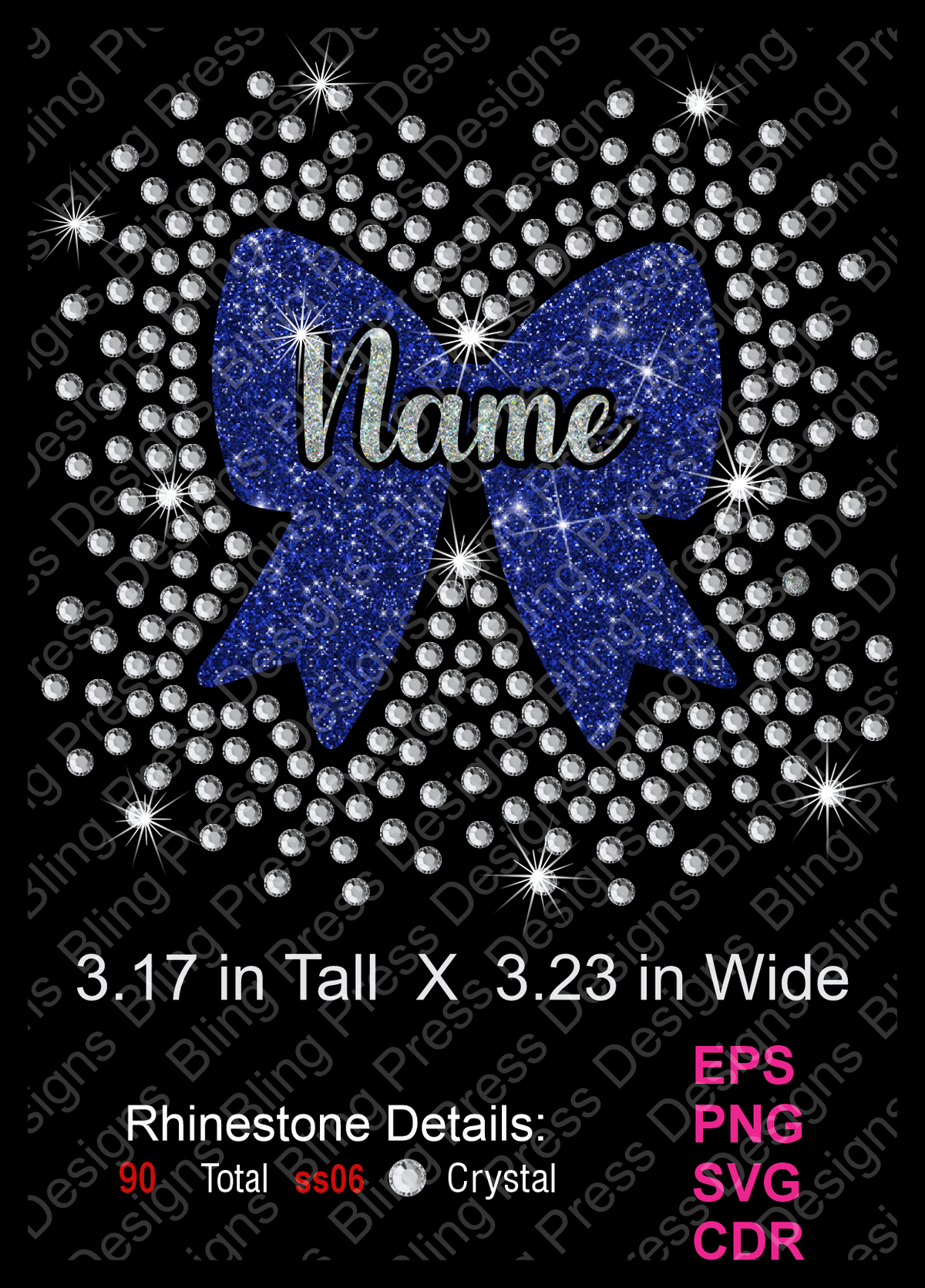 Digital design preview of a rhinestone bow graphic on a black background, with a blue glitter bow, silver rhinestones, the word 'Name' in white script, and text showing dimensions, file formats, and crystal count.