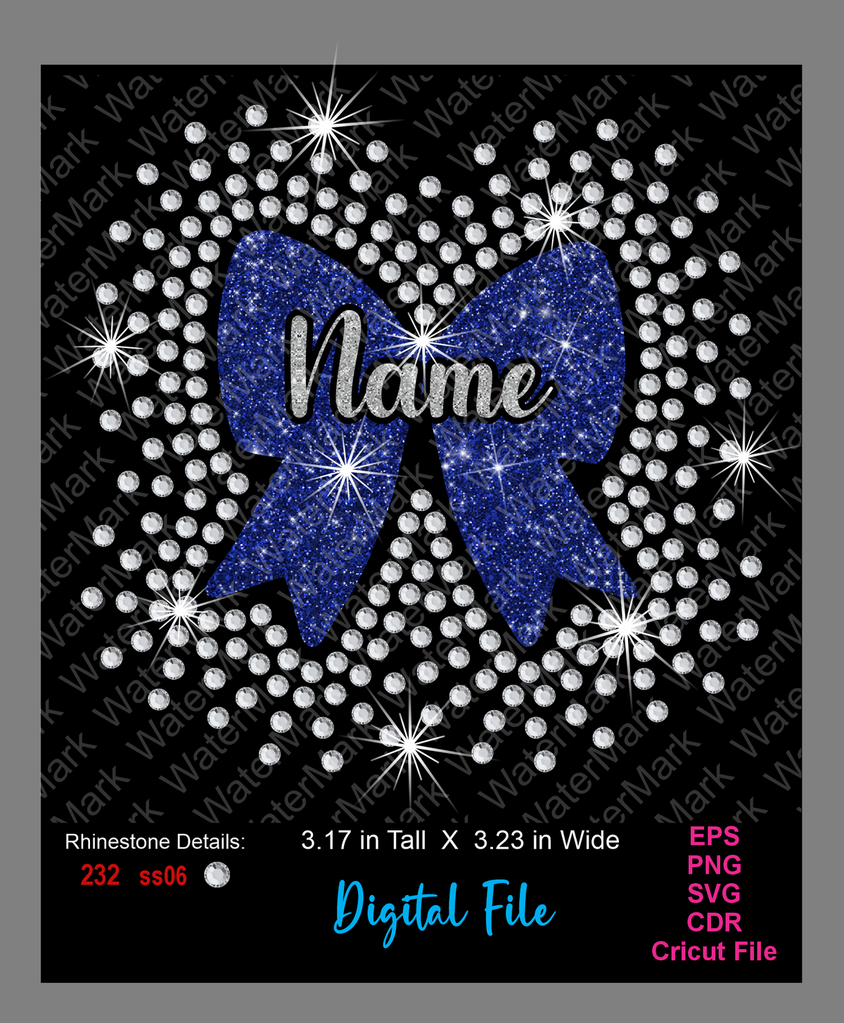Digital design preview of a large blue glitter bow with rhinestones on a black background, with the word 'Name' in the center. Text at the bottom indicates rhinestone details, dimensions, file formats, and a watermark.