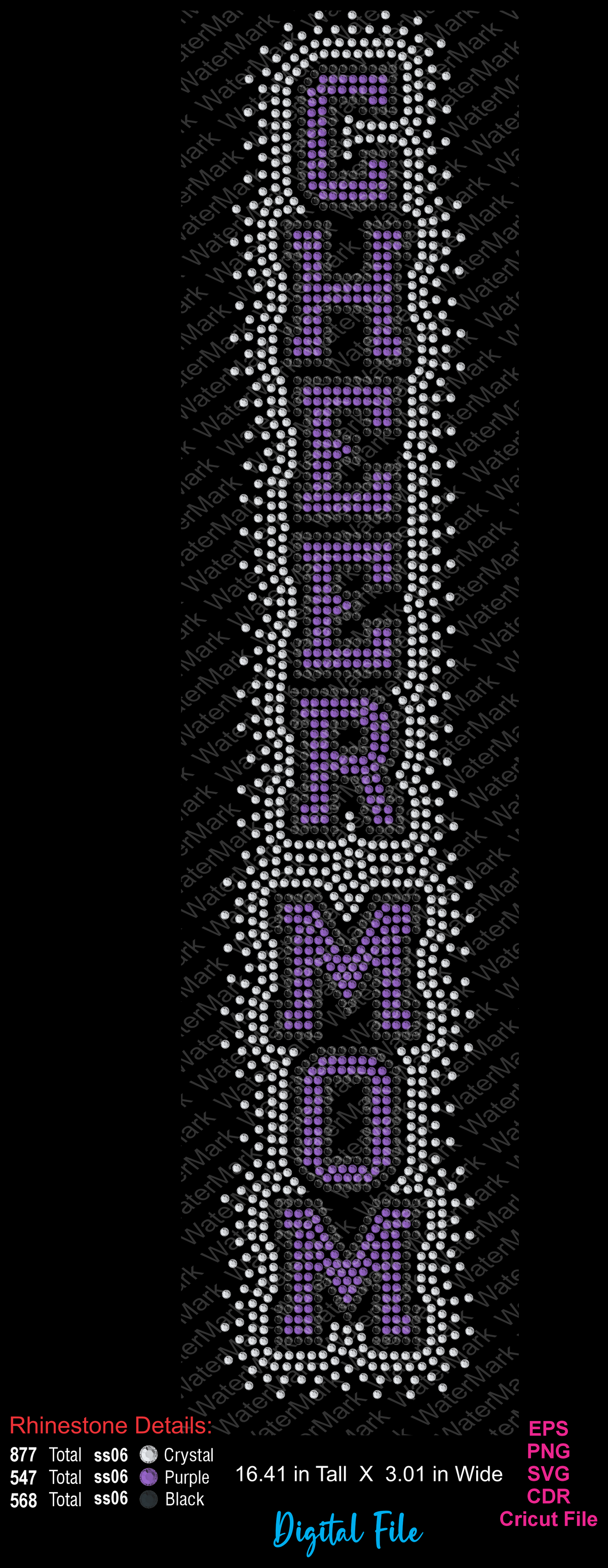 Digital rhinestone design file preview of a vertical 'CHEER MOM' text layout in purple and white, shown on a black background with file format details and rhinestone count labels.