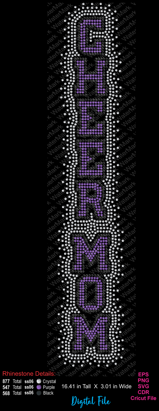 Digital rhinestone design file preview of a vertical 'CHEER MOM' text layout in purple and white, shown on a black background with file format details and rhinestone count labels.