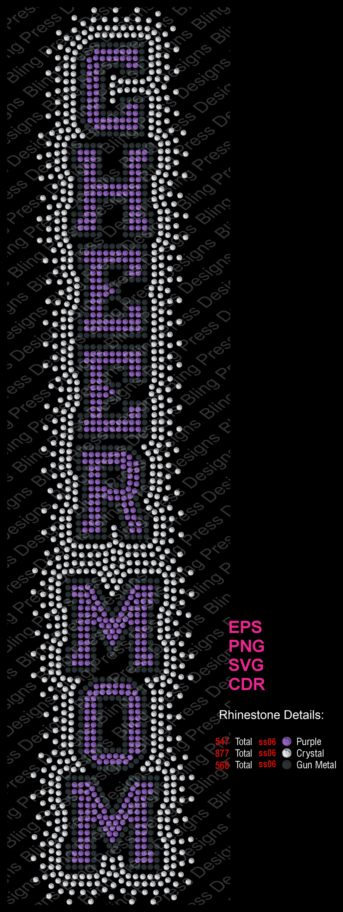 A rhinestone design preview showing the phrase 'CHEER MOM' in vertical lettering. The letters are outlined in purple rhinestones with white rhinestone borders, set against a black background.