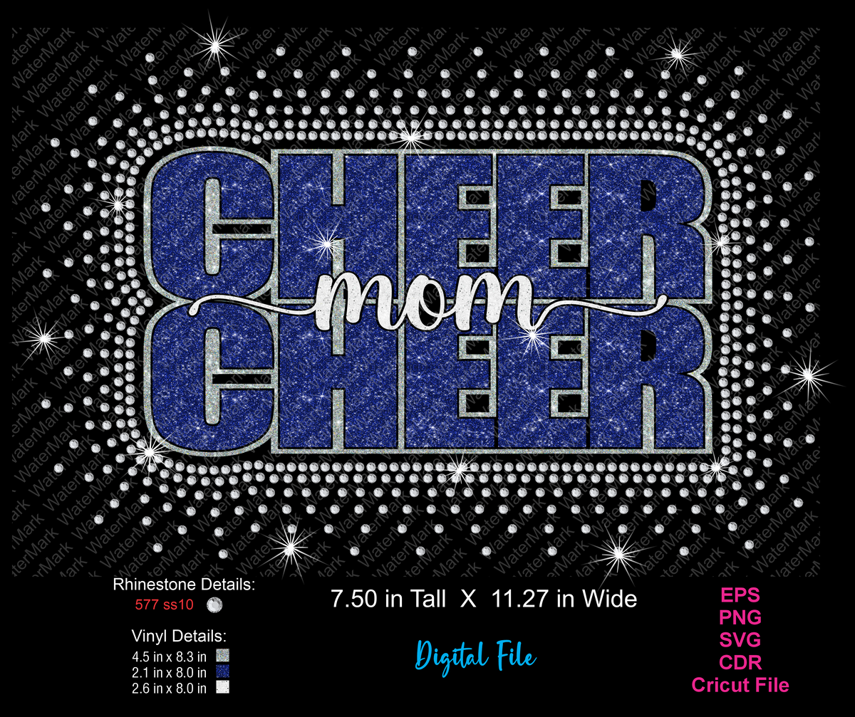 Digital preview of a rhinestone-embellished 'CHEER mom' graphic design on a black background, with size and file-format details shown at the bottom.