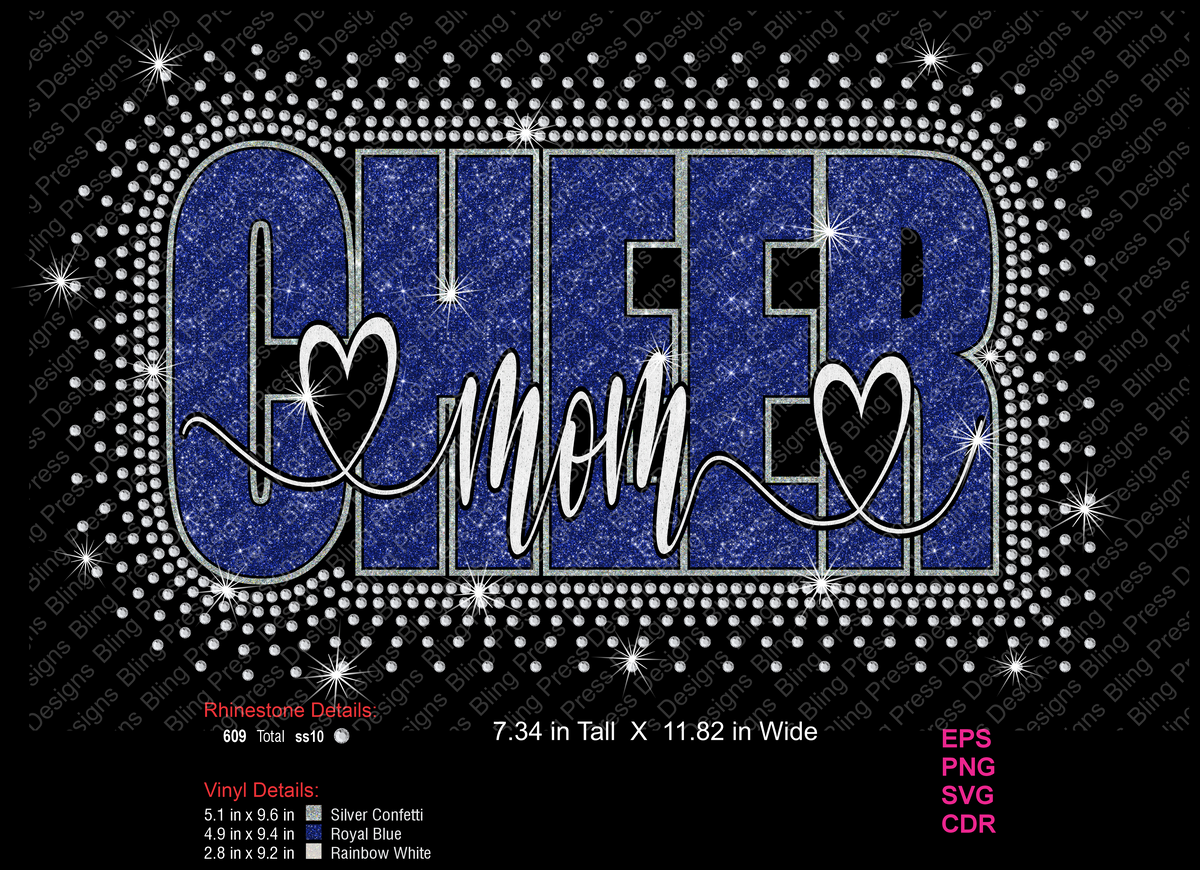 Digital preview of a rhinestone-embellished 'CHEER MOM' graphic with blue glitter lettering, white script text, and heart details on a black background with rhinestone borders .Vinyl details and file format text are shown below.