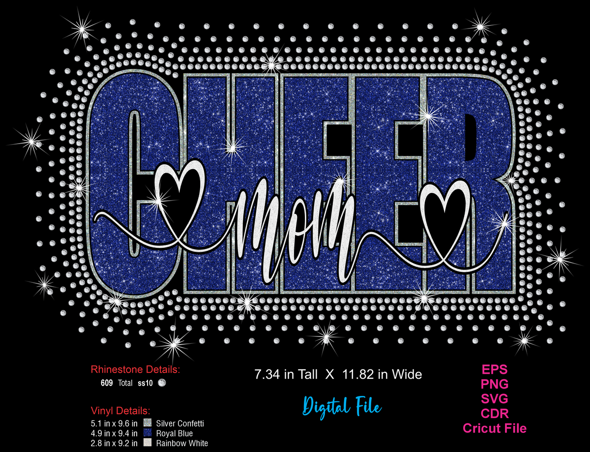 Digital design preview of a rhinestone-embellished 'CHEER mom' graphic on a black background, with blue glitter lettering, white rhinestones, heart details, and file format text including EPS, PNG, SVG, CDR, and Cricut File.