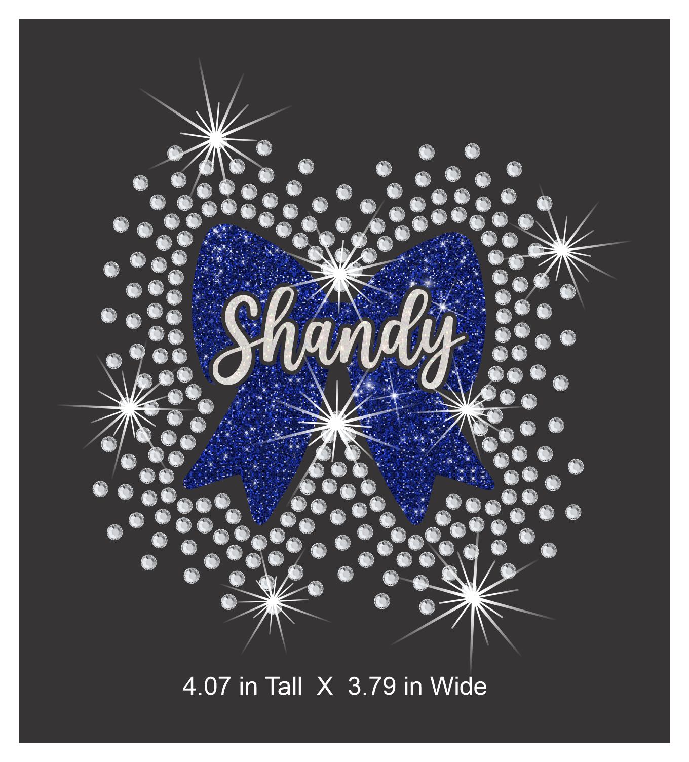 Decorative design with a blue bow and 'Shandy' text surrounded by rhinestones on a black background.