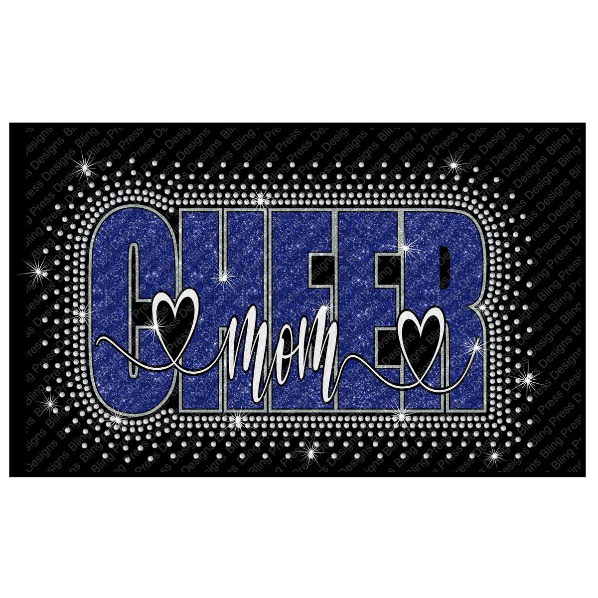 A rectangular decorative sign or mat with the word "CHEER" in large glittery blue letters outlined in white rhinestone-style dots, with "mom" in white script across the center and two heart motifs. The background is black with a subtle diamond pattern.