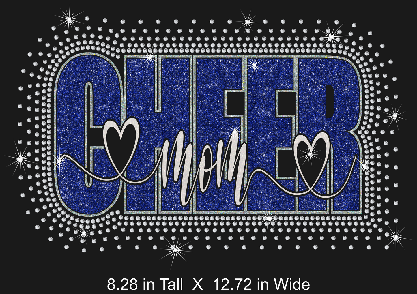 Decorative design with 'CHEER mom' text on a blue glittery background with rhinestone border.