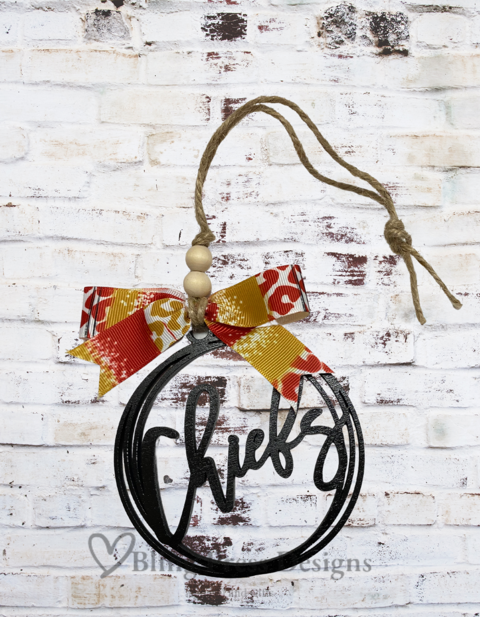 "4-inch Chiefs wood laser-cut car charm with team-colored red and yellow bow, hanging decoration showing Chiefs word