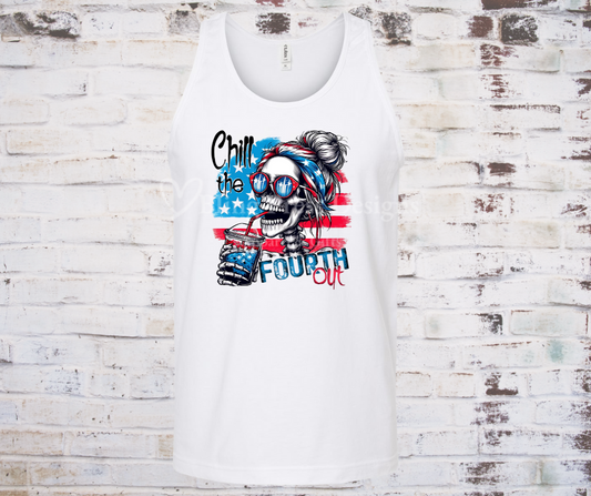 Skeleton wearing patriotic sunglasses and holding a drink, with the phrase "Chill the Fourth Out" on a festive Fourth of July graphic tank.


