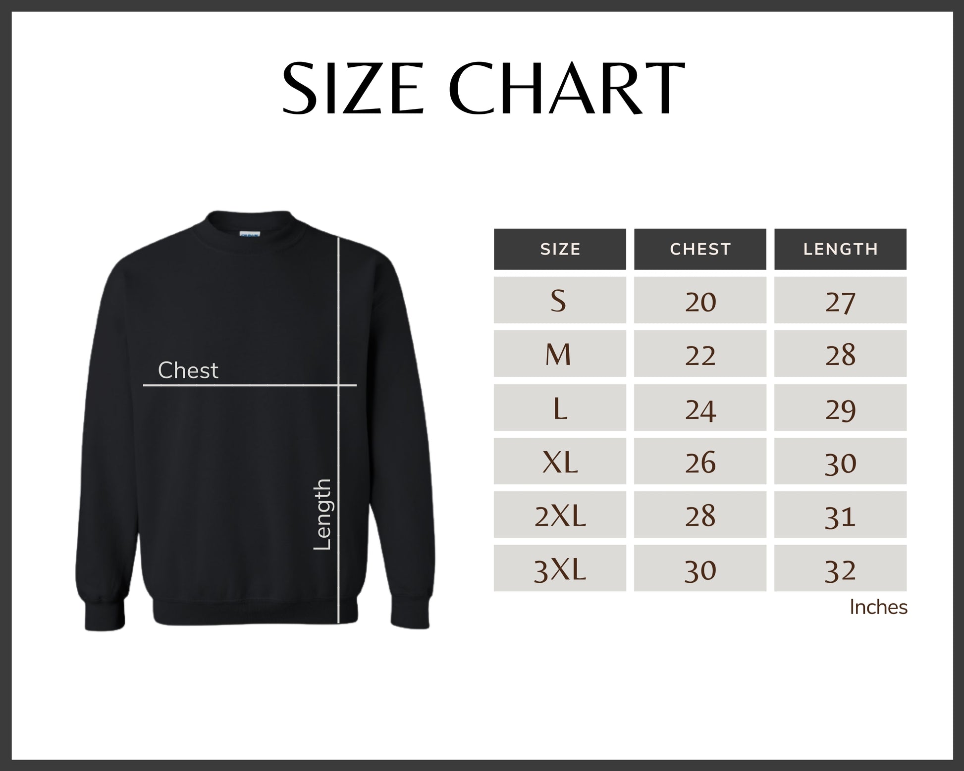 A table showing clothing size measurements for different body dimensions, including chest, waist, and hip measurements for each size from small to  3 extra large.