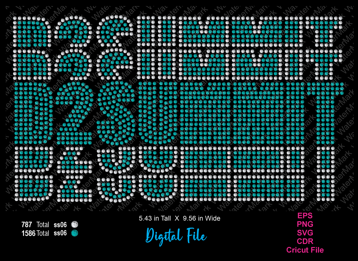 Digital preview of a rhinestone-style D2SUMMIT lettering design in teal and white, shown on a black background with file format and total stone counts listed at the bottom.