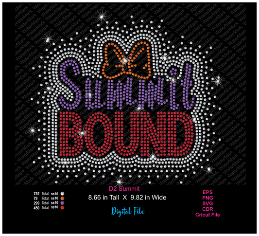 A rhinestone-style graphic design reading “D2 Summit BOUND” on a black background, with a bow above the text. The lettering uses multiple colors: white, purple, red, orange, and pink, with sparkly white rhinestones forming a scatter around it.