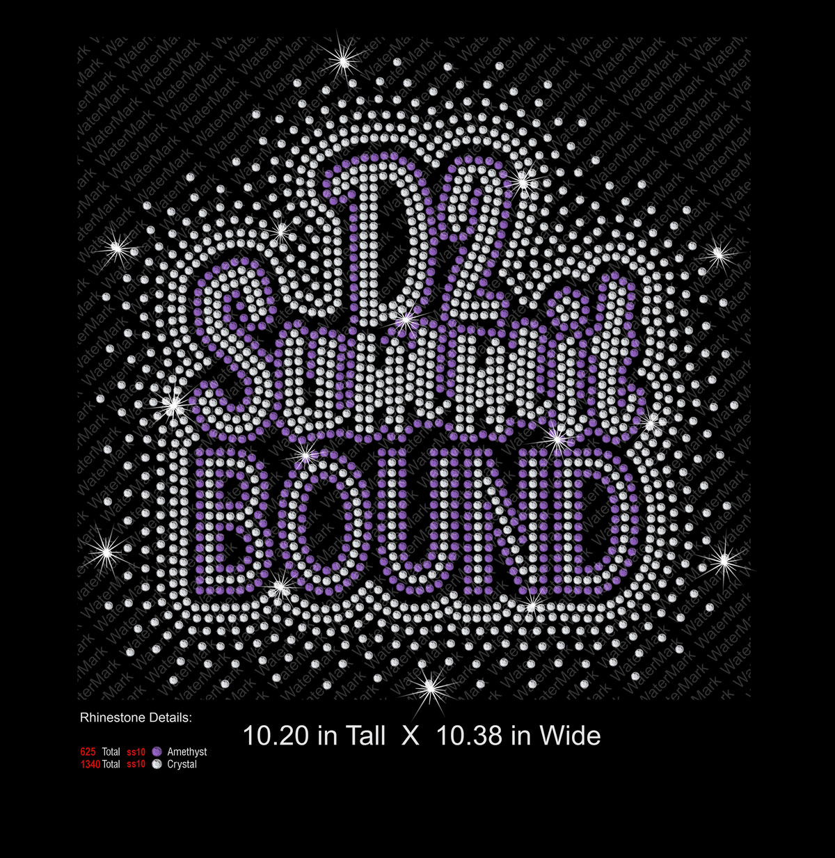 A rhinestone-style graphic reading “D2 SUMMIT BOUND” in purple outlined lettering with white rhinestones on a black background, plus small text at the bottom describing rhinestone size and dimensions.