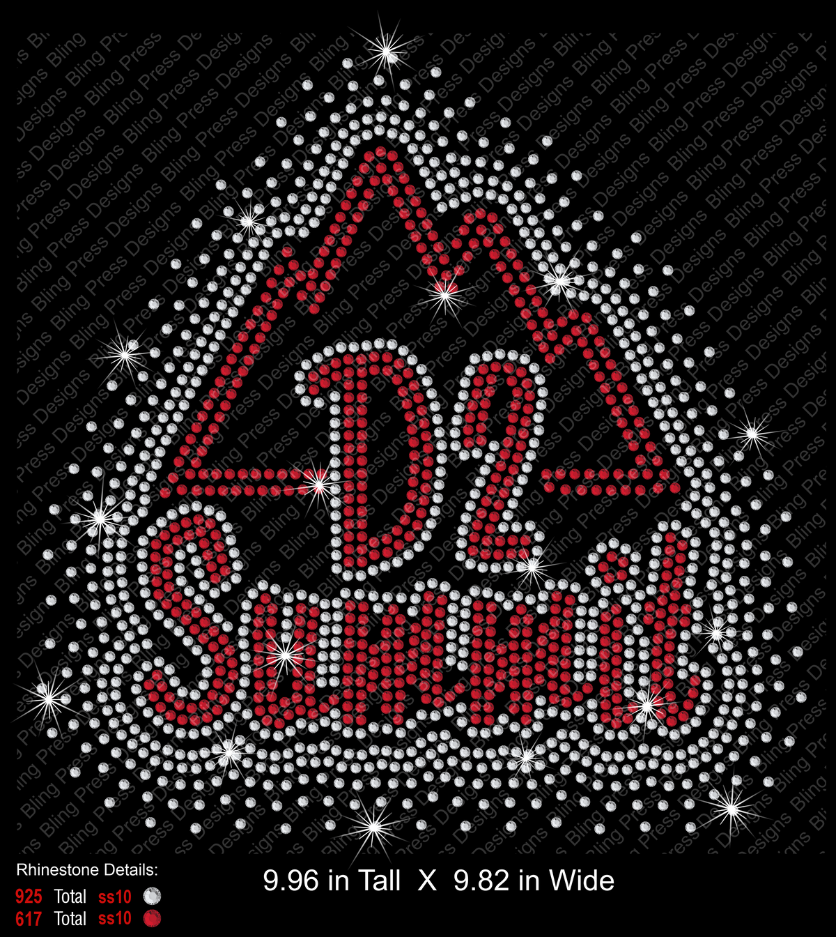 A rhinestone-style graphic reading 'D2 Summit' with a mountain icon above the text, shown on a black background with design sizes and stone count. 
