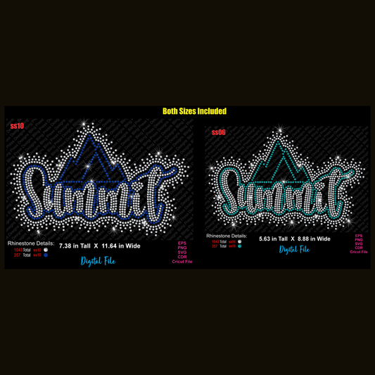 Digital preview of two rhinestone 'Summit' logo designs on a black background, labeled ss10 and ss68, with dimensions and file format details. The left design is blue and silver, and the right design is teal and silver.