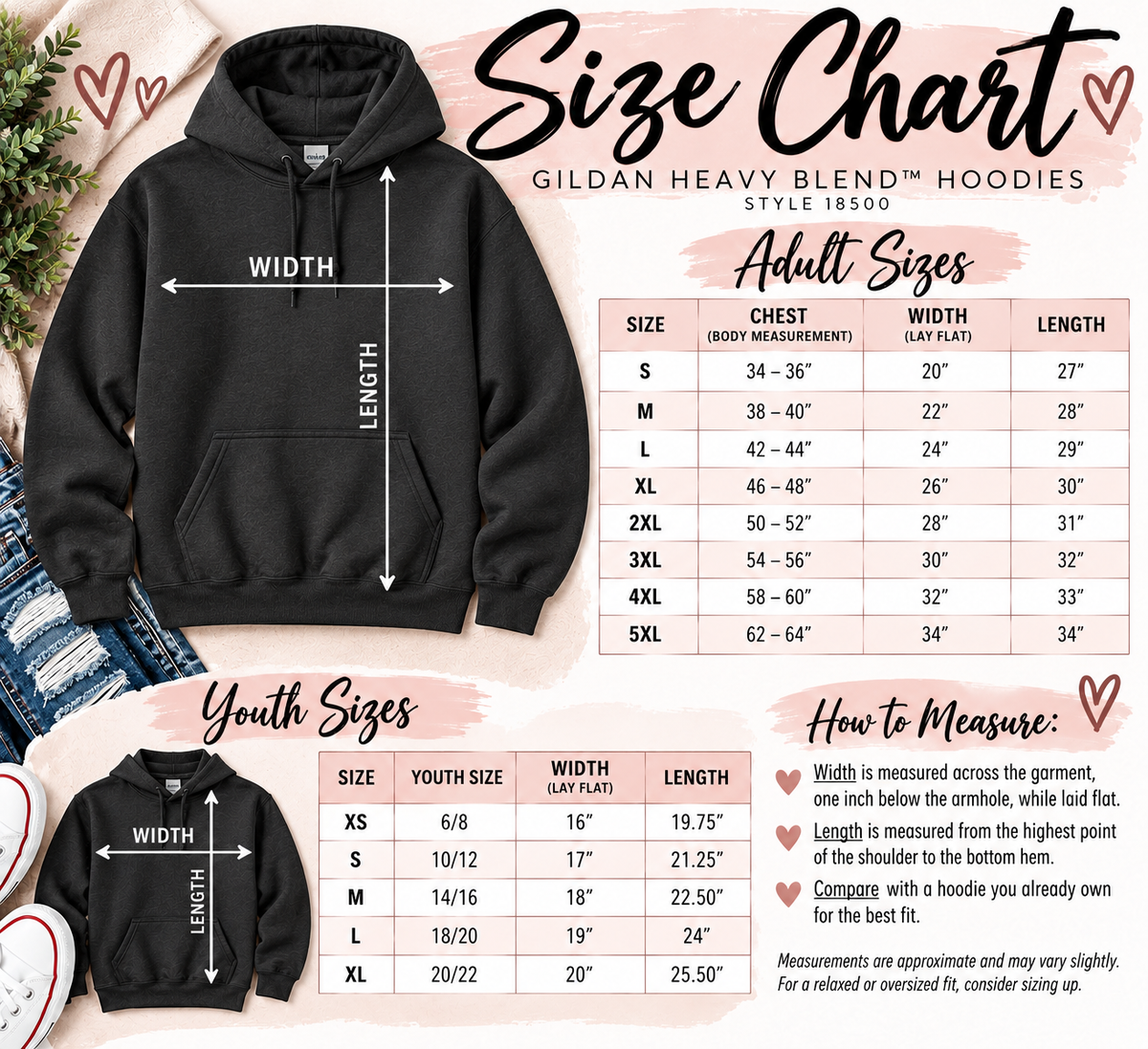 A size chart graphic for Gildan Heavy Blend hoodies, showing a large hoodie on the left with width and length measurement guides, plus separate tables for adult and youth sizes and a small inset of a folded hoodie. The design uses soft pink, beige, and black tones with decorative hearts and text.