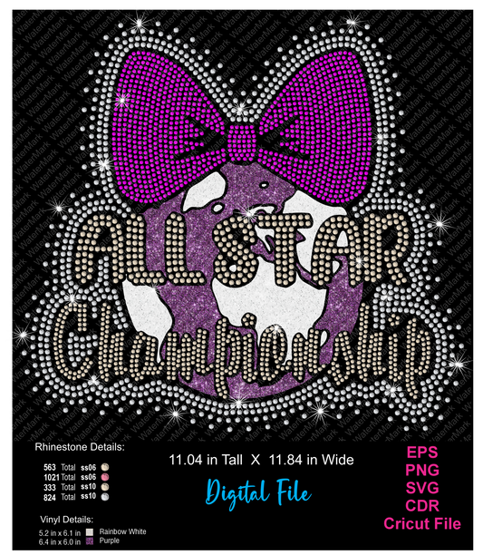 Digital file preview of a rhinestone and glitter graphic design featuring a purple and white GLOBE with a large purple bow, surrounded by the words 'ALL STAR Championship' in rhinestone-style lettering on a black background. Text at the bottom includes dimensions, rhinestone counts, vinyl sizes, and file formats.