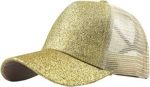  A gold glitter finish ponytail hat with a crisscross elastic back, adjustable Velcro strap, and lightweight design, ideal for ponytails, customization, or adding sparkle to casual wear.