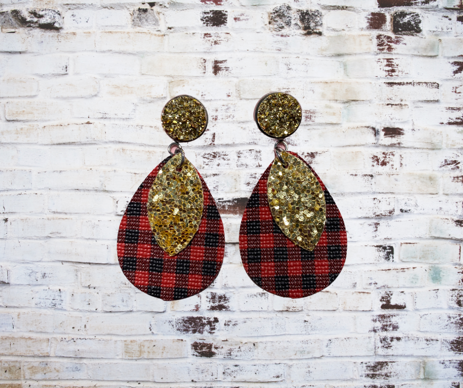 druzy Stud with red plaid dangle earrings with glittery faux leather accents, featuring a lightweight and sparkling design."