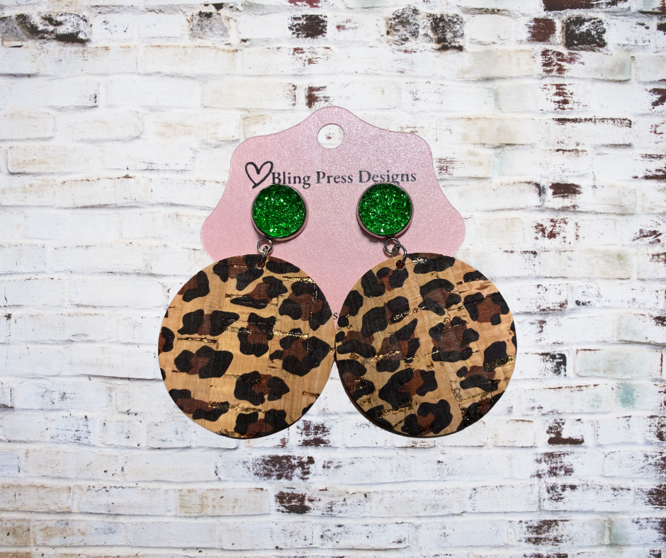 Cork leopard print dangle earrings with green sparkling druzy accents, featuring a lightweight and stylish design.