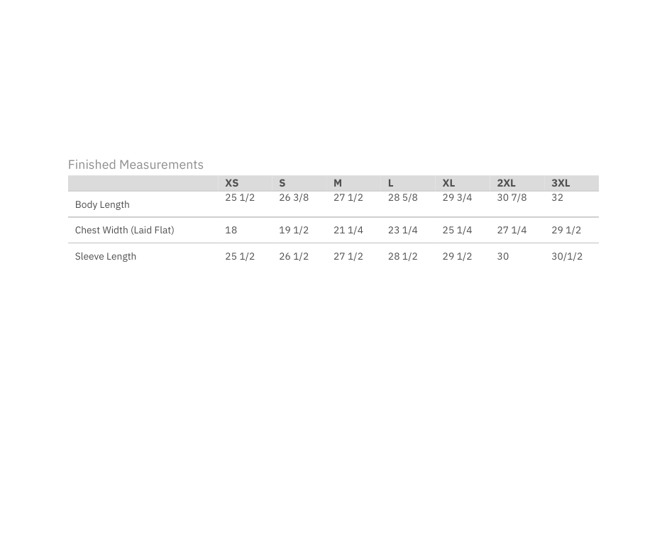 A table showing clothing size measurements for different body dimensions for each size from small to  3 extra large.