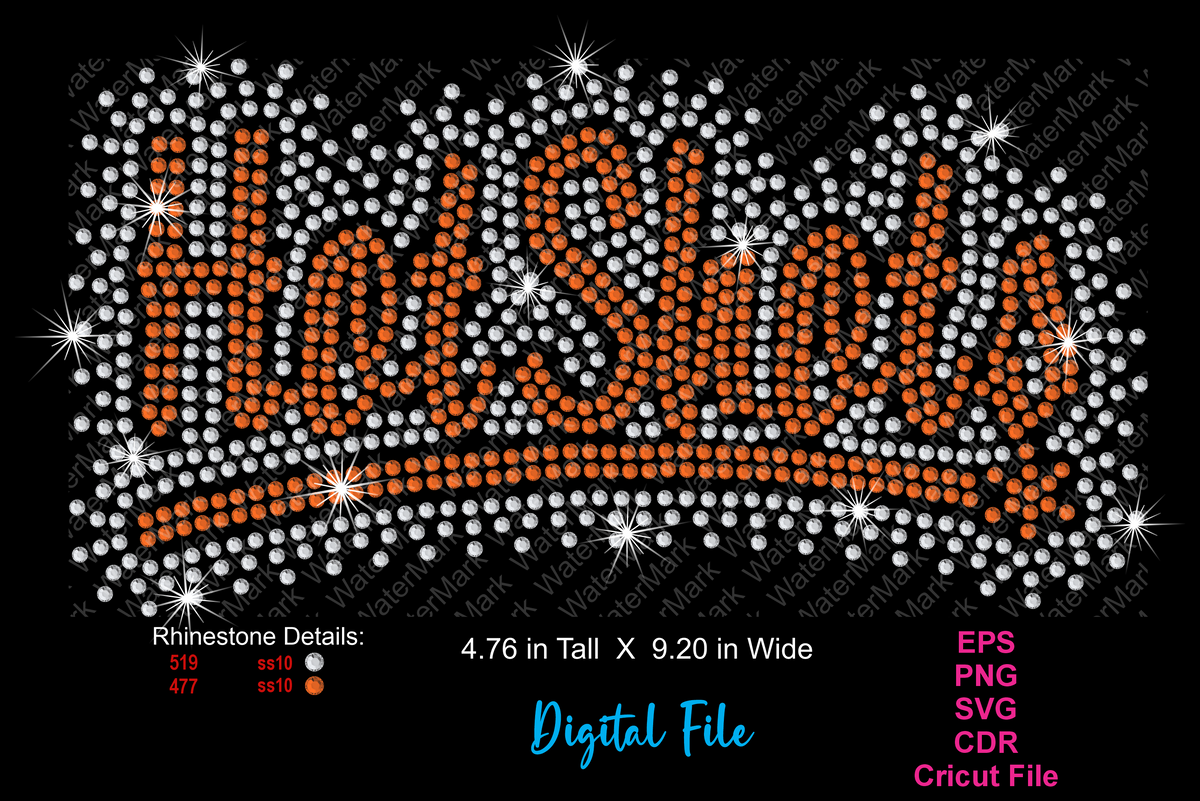 Digital preview of a rhinestone-style 'Hot Shots' lettering design in orange and white on a black background, with file format and rhinestone detail text below.