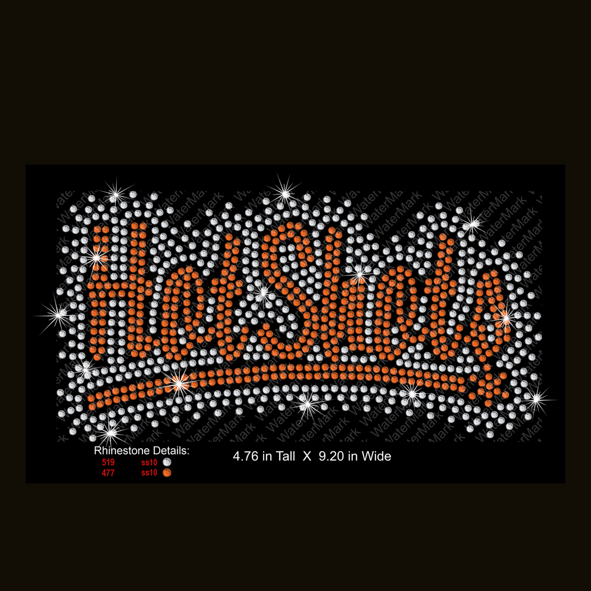 A rhinestone-style 'Hot Shots' text design on a black background, with orange lettering outlined by many white rhinestones and a curved underline. Small rhinestone detail labels and dimensions appear below the main design.