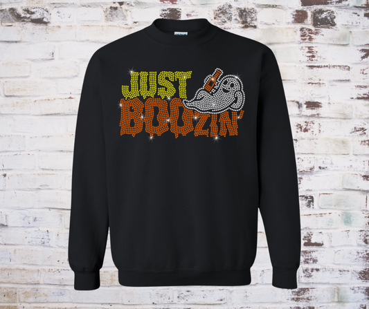 Black sweatshirt with sparkling rhinestone "Just Booz’n" design featuring a rhinestone ghost.
