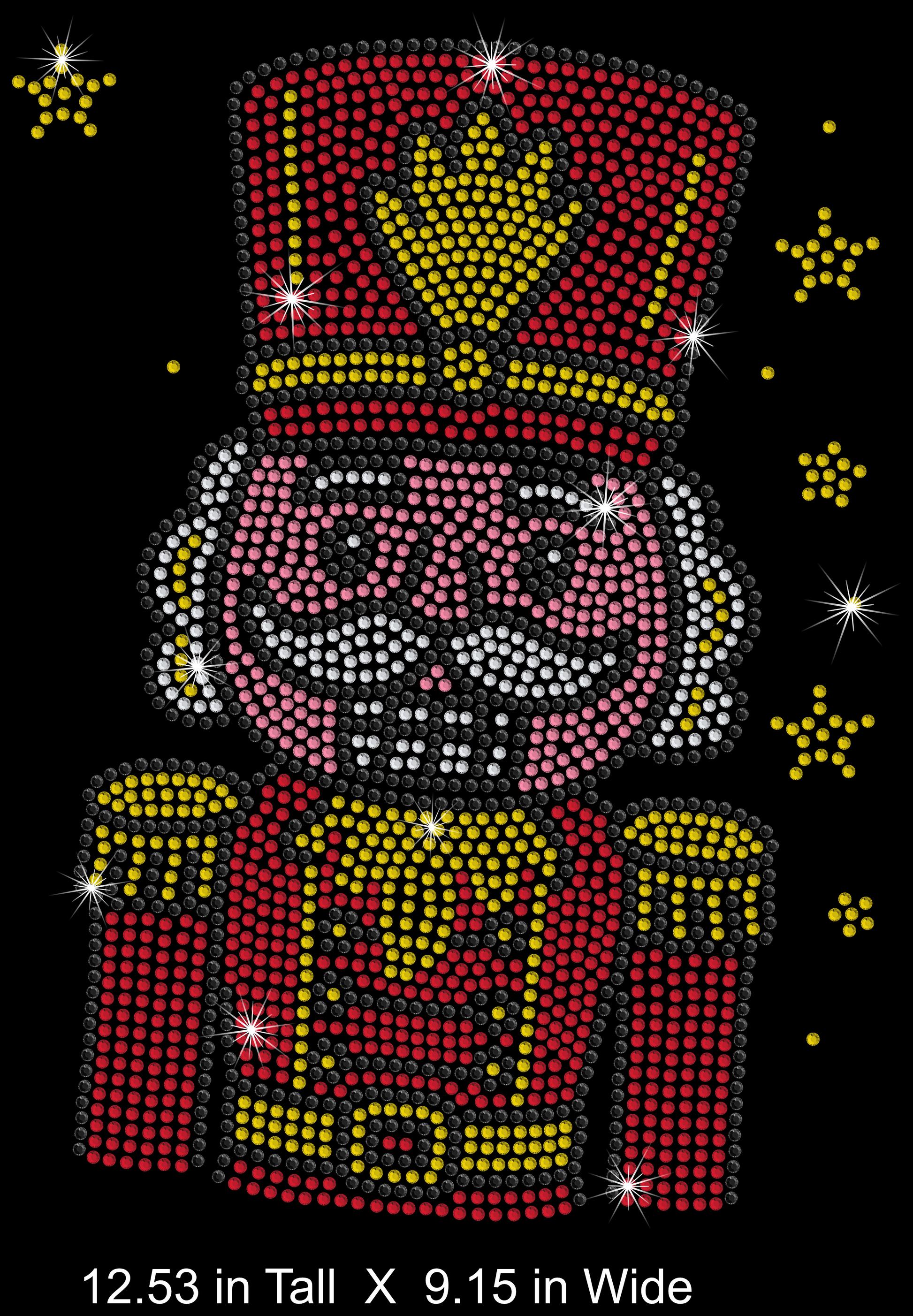 Decorative nutcracker rhinestone design with red, yellow, and pink colors on a black background.