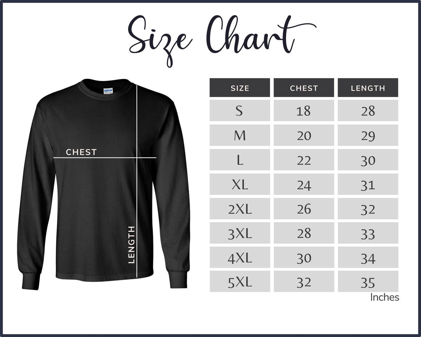 A table showing clothing size measurements for different body dimensions  for each size from small to  5 extra large.