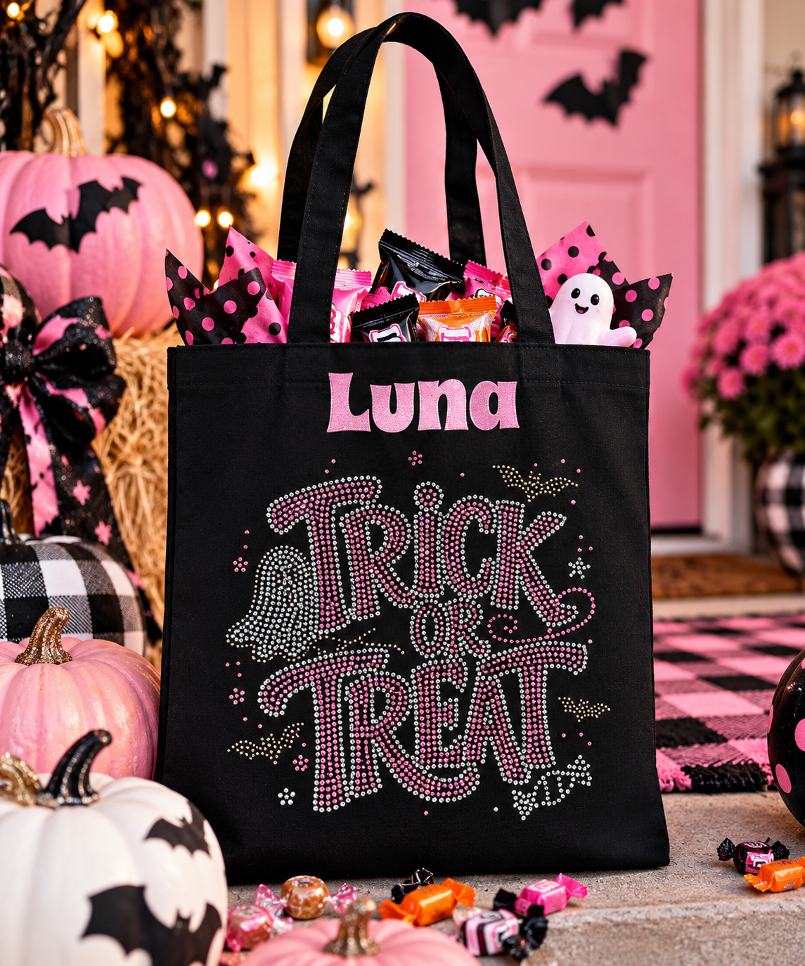 A black Halloween gift tote bag with the name 'Luna' in pink and 'Trick or Treat' in pink rhinestone lettering, filled with candy and surrounded by pumpkins, bows, and a pink front door.
