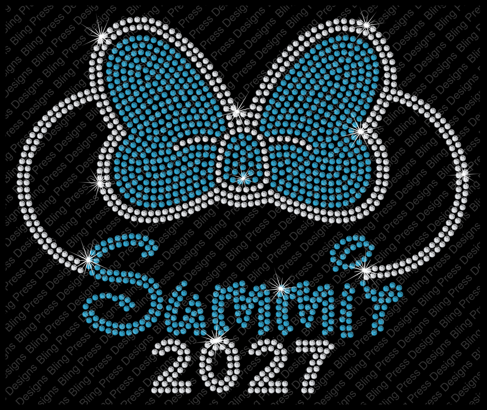 Rhinestone design photo featuring a blue and crystal rhinestone Minnie-inspired bow design with "Summit 2027" in sparkling rhinestones, perfect for cheer summit apparel.