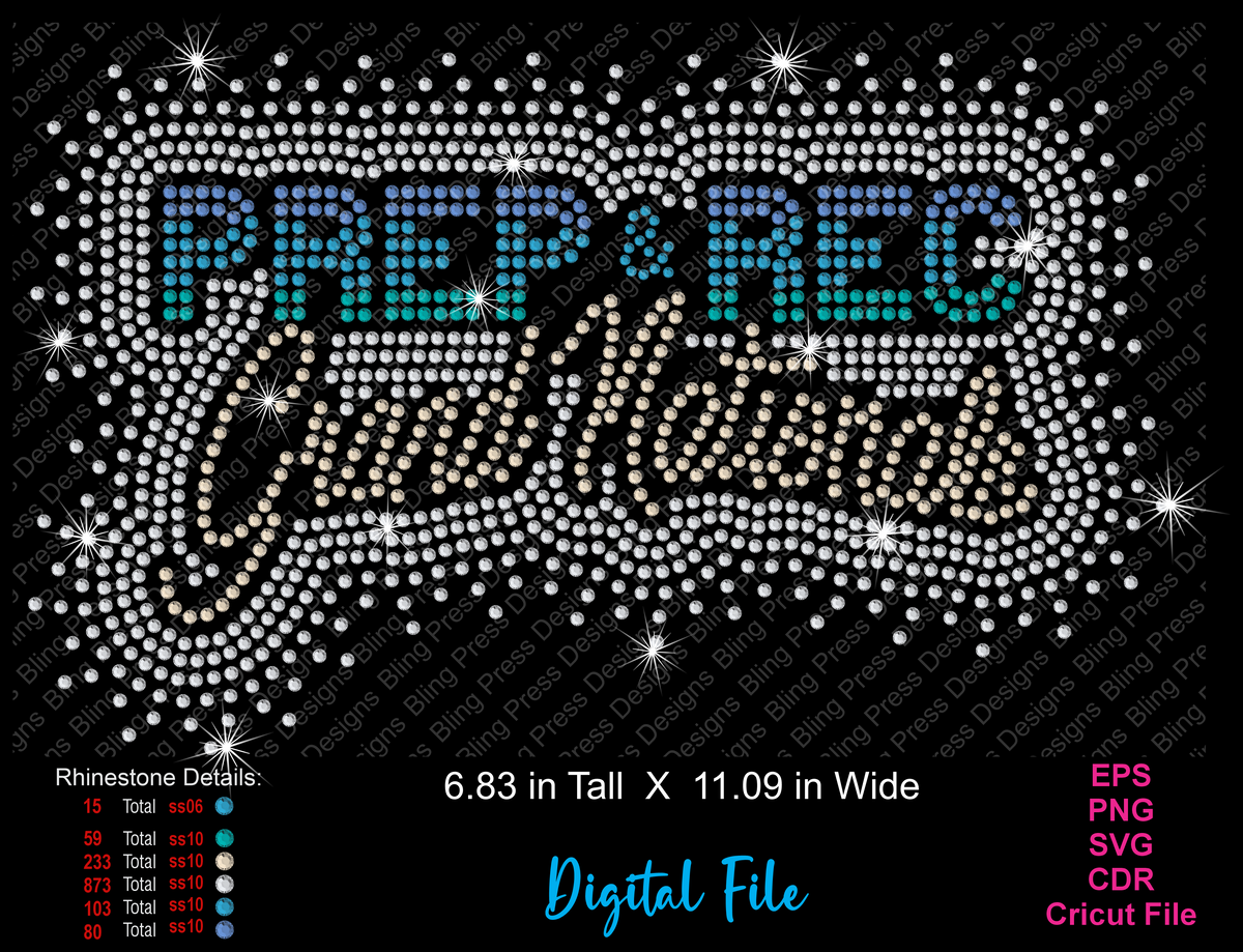 Digital preview of a rhinestone-style text design reading 'PREP & REC' in blue gradient letters and 'GRAND NATIONALS' in gold script, surrounded by a swirling pattern of white rhinestones on a black background. Text at the bottom includes file size and format details.