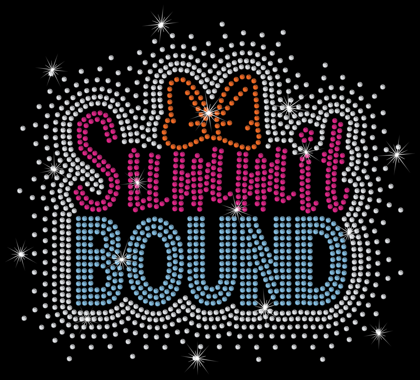 Decorative design with 'Summit Bound' text surrounded by rhinestones on a black background