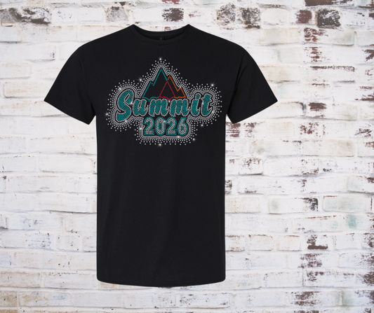 Black t-shirt with 'Summit 2026' design on a brick wall background