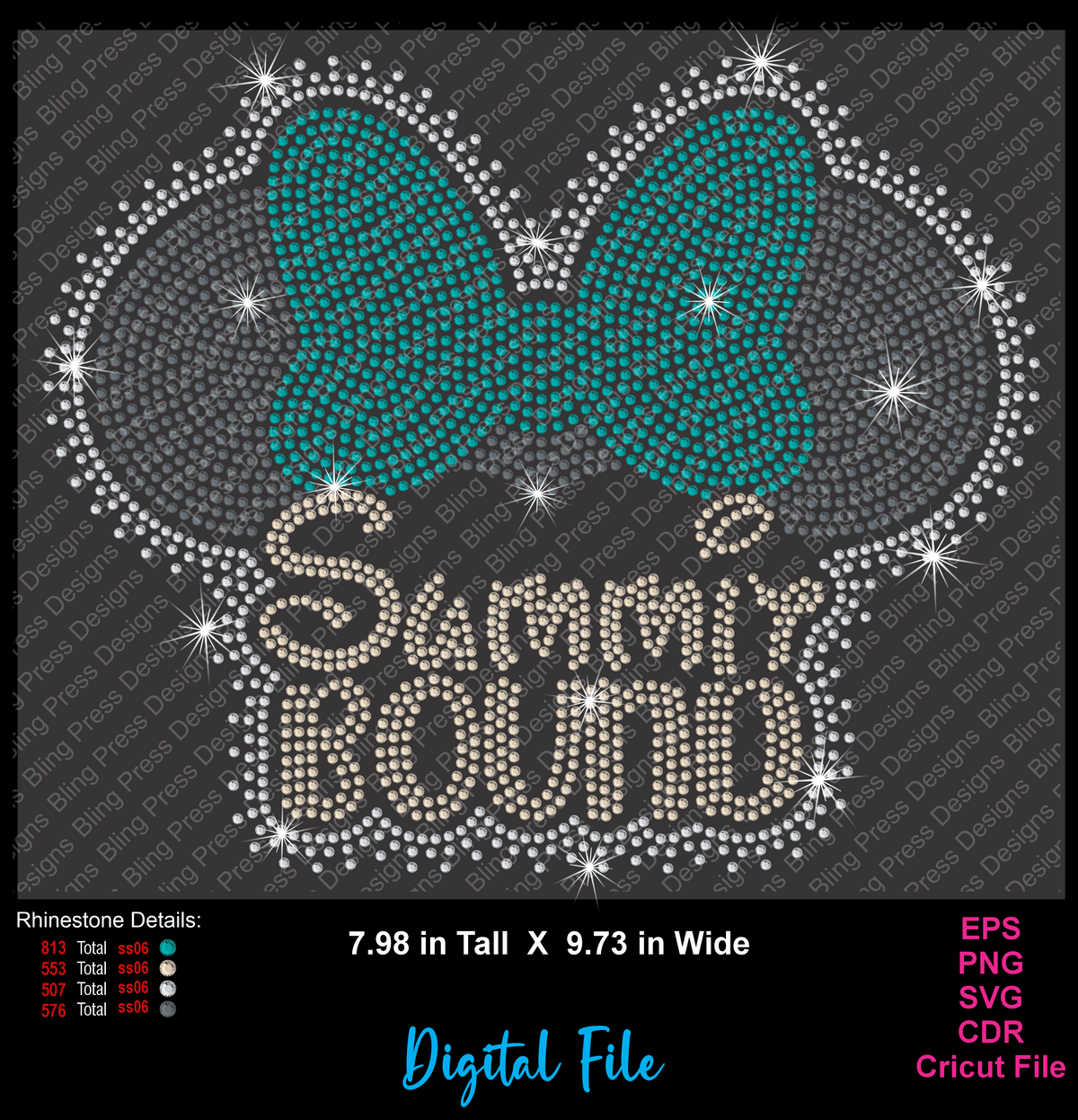 Digital rhinestone design preview featuring a teal bow and the words 'SUMMIT BOUND' in rhinestone lettering on a dark gray background, with file format and size details and a small color legend.