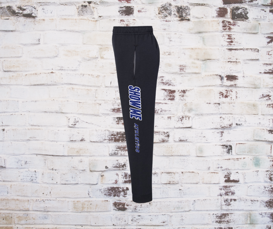 Black joggers with two-color glitter “Show Me Athletics” lettering down the leg.
