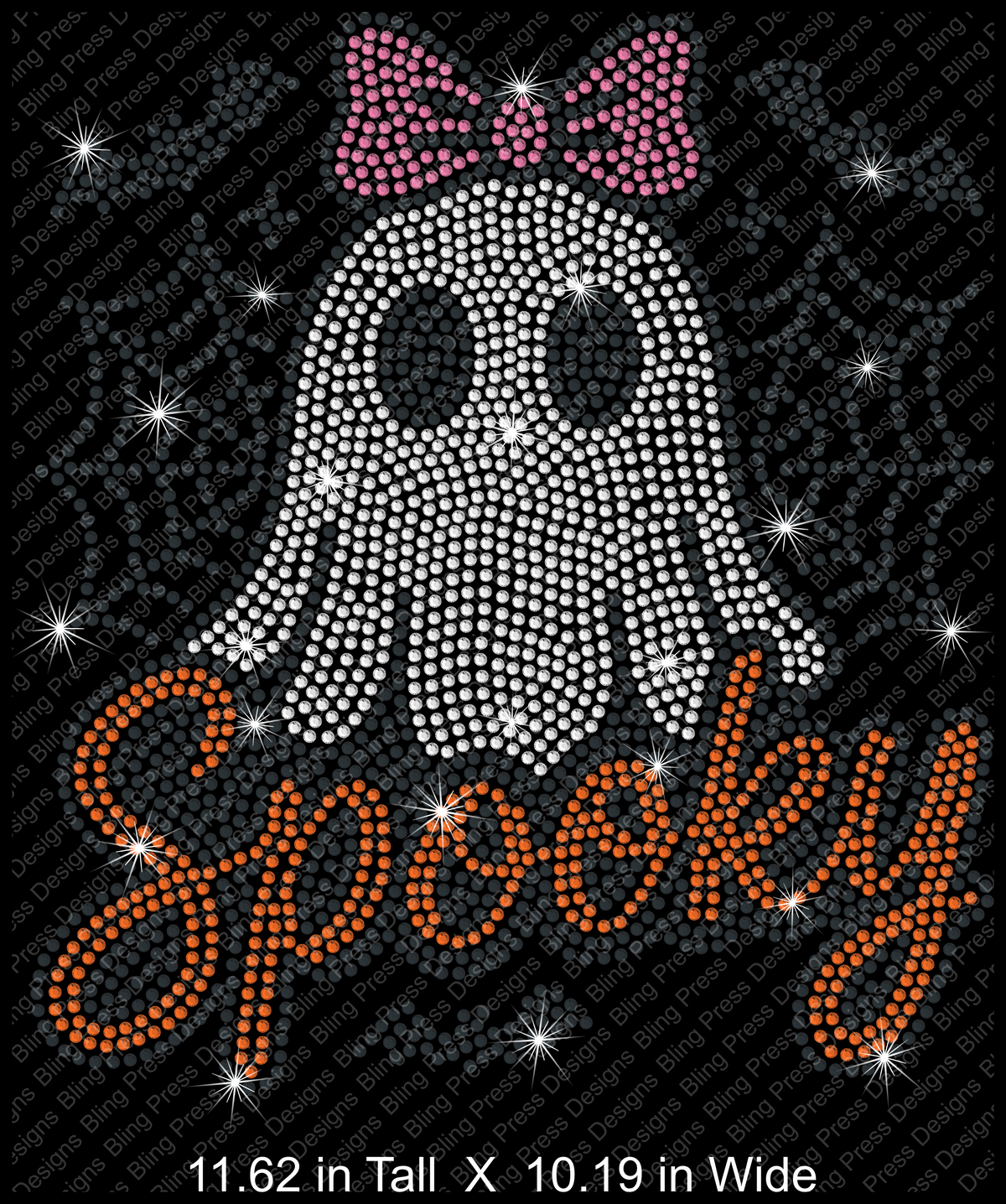 Halloween graphic design featuring a white ghost with a pink rhinestone bow and the word 'Spooky' in orange rhinestone lettering on a black background with starburst sparkles.
