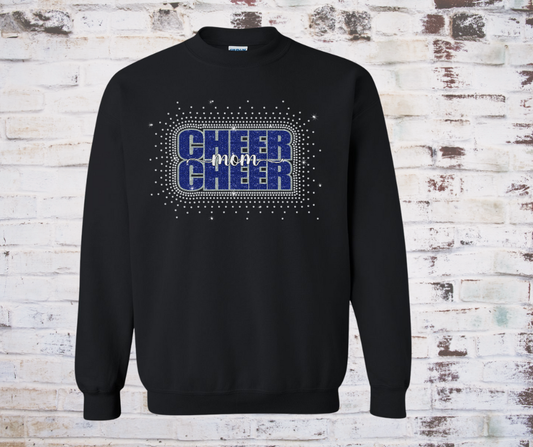 Black cheer mom shirt featuring a rhinestone “Cheer Mom” design on the front, 