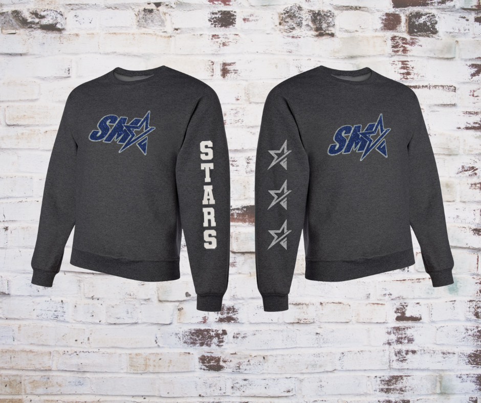 Pill-resistant crewneck sweatshirt featuring a glitter SMA logo on the front, glitter team name on the left sleeve, and glitter stars on the right sleeve.
