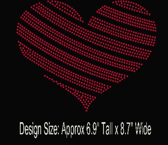 Red heart-shaped rhinestone design on a black background with text indicating size.