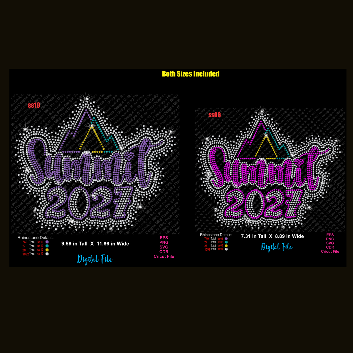 A digital product preview showing two sizes of a rhinestone-style 'Summit 2027' graphic design on a black background. 