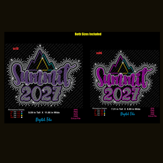 A digital product preview showing two sizes of a rhinestone-style 'Summit 2027' graphic design on a black background. 