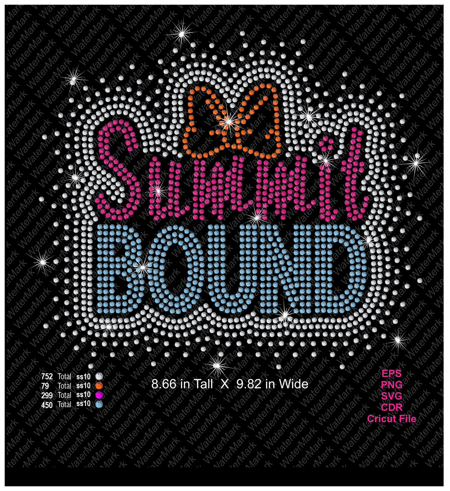 A rhinestone-style graphic design reading 'Summit Bound' on a black background, with a crystal scatter around, pink and blue lettering, and an orange bow at the top. Small text at the bottom lists file details and formats including EPS, PNG, SVG, CDR, and Cricut File.