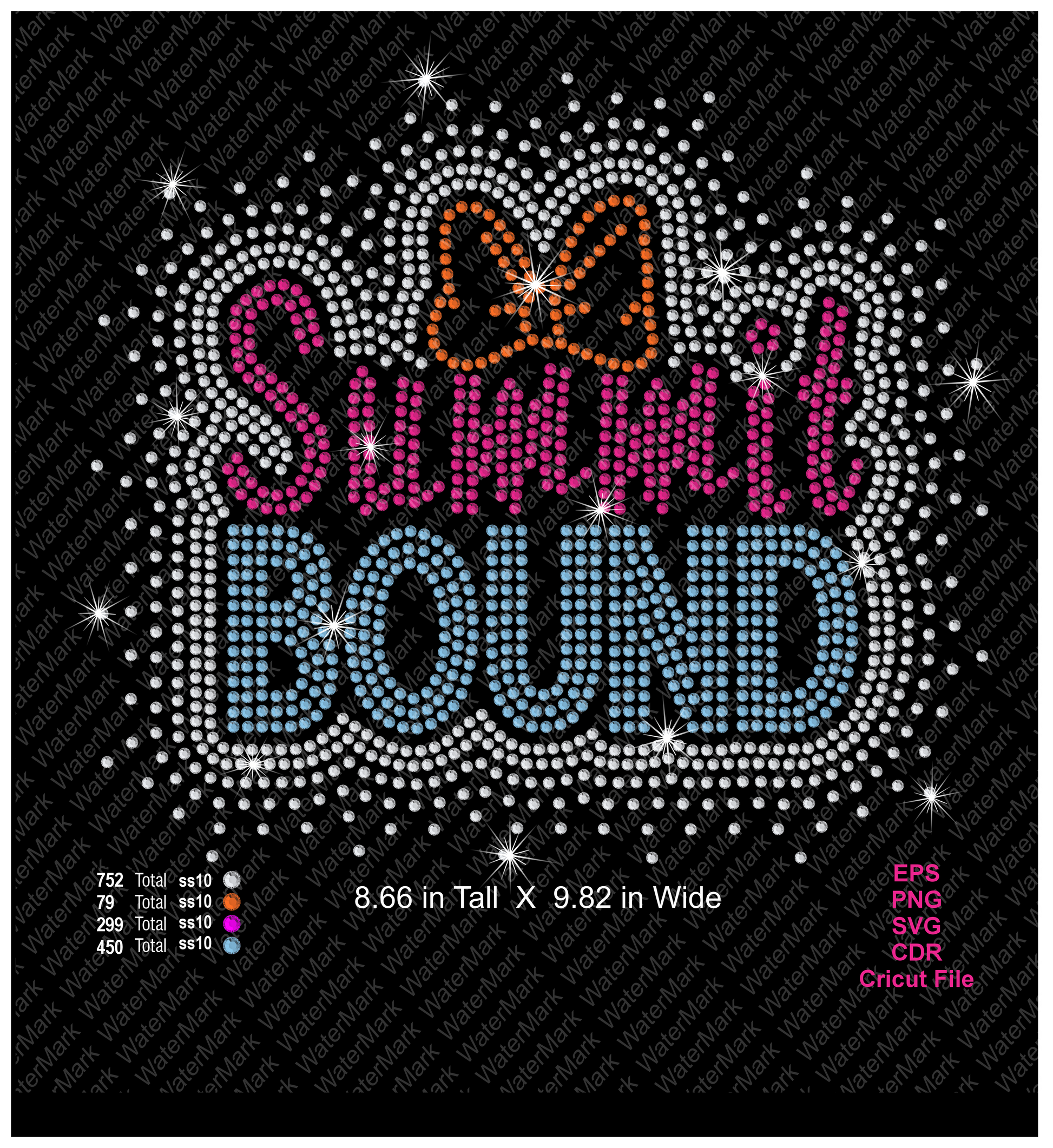 A rhinestone-style graphic design reading 'Summit Bound' on a black background, with a crystal scatter around, pink and blue lettering, and an orange bow at the top. Small text at the bottom lists file details and formats including EPS, PNG, SVG, CDR, and Cricut File.