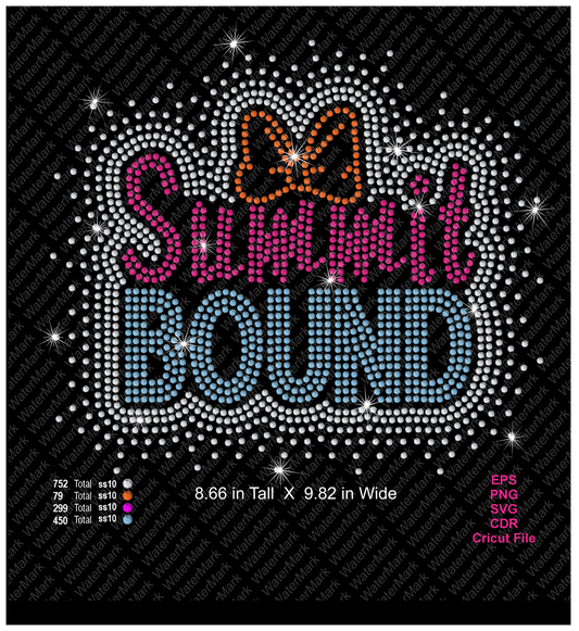 A rhinestone-style graphic design reading 'Summit Bound' on a black background, with a crystal scatter around, pink and blue lettering, and an orange bow at the top. Small text at the bottom lists file details and formats including EPS, PNG, SVG, CDR, and Cricut File.